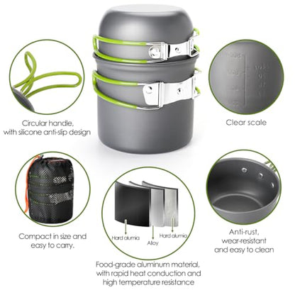 Gutsdoor Camping Cookware Set Camping Gear Campfire Utensils Non-Stick Cooking Equipment Lightweight Stackable Pot Pan Bowls with Storage Bag for Outdoor Hiking - style: 12pcs (Green)