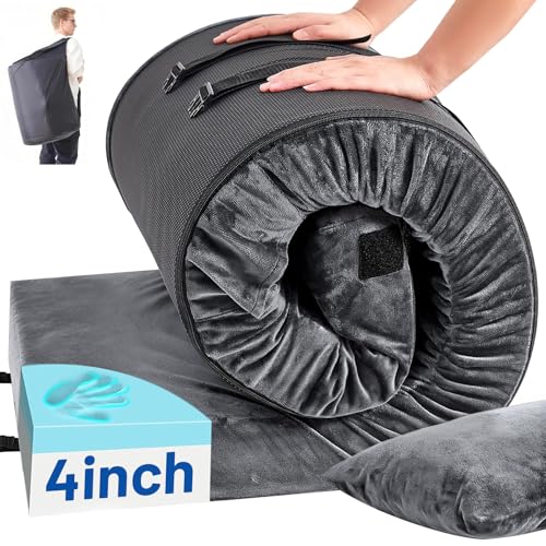 Memory Foam Camping Mattress Pad with Pillow - Extra Thick 4 Inch Sleeping Pad for Camping, Waterproof Roll Up Cot Mattress Topper Bed Mat for Car Truck Tent RV, with Storage Bag - color: Dark Gray, size: Single: 75*30*4"
