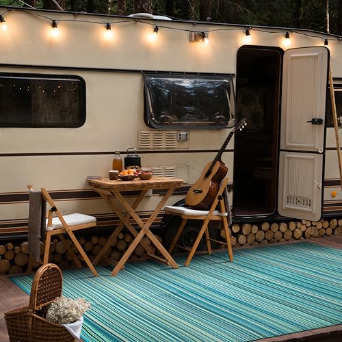 Rugshop Contemporary Stripe Reversible Foldable Waterproof Premium Recycled Plastic Outdoor Rugs for Patio,Backyard,RV,Deck,Picnic,Trailer,Beach,Camping Rug 6' X 9' Blue - size: 6' x 9' (Rectangular)