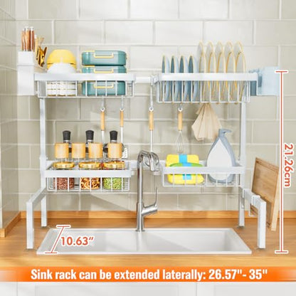 YKLSLH Over Sink Dish Drying Rack, Expandable Large Drying Rack, Suitable for Most Sinks (24.8"-35.4"), Adjustable Metal Rack, Space Saving, White - color: White, size: 2 tiers 4 baskets