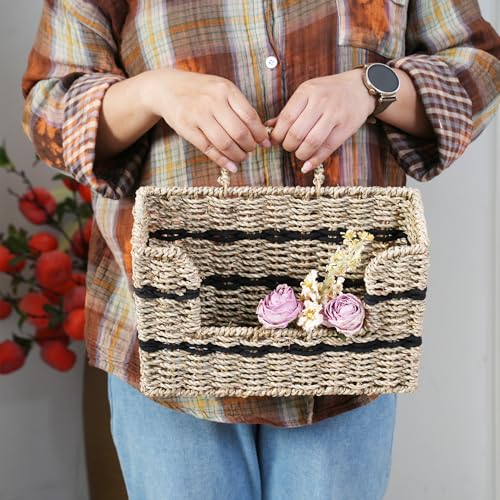Handmade Seagrass Woven Hanging Basket with Black Cotton Rope - 11.81 x 4.33 x 7.87 Inches - Ideal for Wall Decor & Storage (Rectangular opening) - style: Rectangular opening