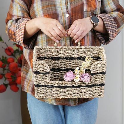 Handmade Seagrass Woven Hanging Basket with Black Cotton Rope - 11.81 x 4.33 x 7.87 Inches - Ideal for Wall Decor & Storage (Rectangular opening) - style: Rectangular opening