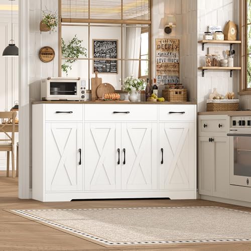 HOSTACK Buffet Cabinet with Drawers, 55" Large Sideboard Buffet Storage Cabinet with Shelves and Doors, Modern Farmhouse Coffee Bar Station Wood Kitchen Table for Kitchen, Dining Room, White/Rustic - color: White/Rustic