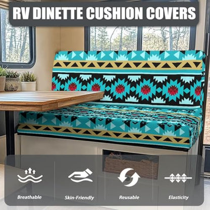 SEANATIVE RV Dinette Cushion Covers Stretch Blue Aztec Printed RV Sofa Seat Slipcovers Replacement Non-Slip Camper Cushion Slipcovers Washable RV Dinette Seat Covers - color: Blue Aztec Print