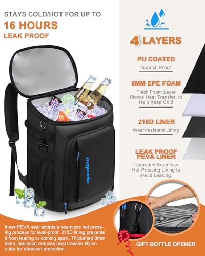 Capolo 36/45 Cans Cooler Backpack Insulated Waterproof for Women Men Lunch Backpack Coolers Leak Proof Soft Cooler Bags - color: Deep Black Leather, size: 45 Cans
