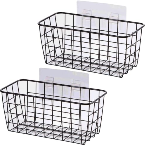 Black Hanging Wall Baskets,inside cabinet door organizer,Adhesive Wire Wall Storage Baskets for Pantry and organizer, Kitchen onion Food photo Bathroom,No Drilling Wall Mounted Basket,2 Pack - color: Black, size: 2 PACK