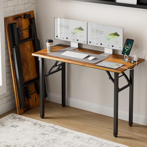 Frylr Small Folding Computer Desk – 43.3 Inch Portable Table for Craft and Study, Lightweight Desk for Small Spaces, Foldable Laptop Table Built-in AC/USB Outlets for Convenience, Rustic Brown - color: Rustic Brown, size: 43.3 x 19.7 Inch, style: With Pow