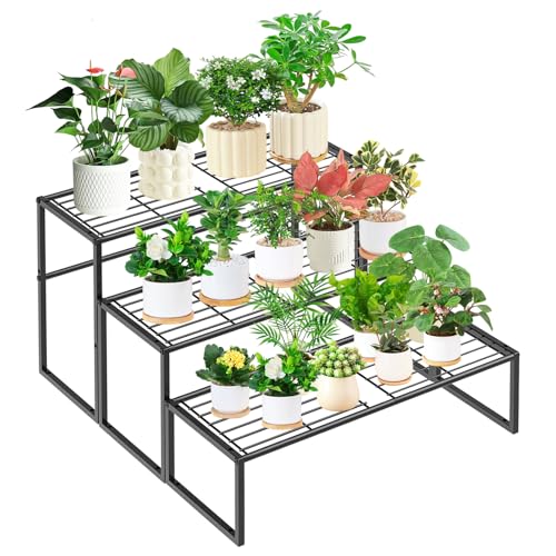 3 Tier Metal Plant Stand Indoor Outdoor, Potted Multiple Flower Pot Holder Rack Plant Shelf, Heavy Duty Planter Display Shelving for Patio Balcony Garden Living Room Decorative (3 Tier- Black) - color: 3 Tier-Black-A