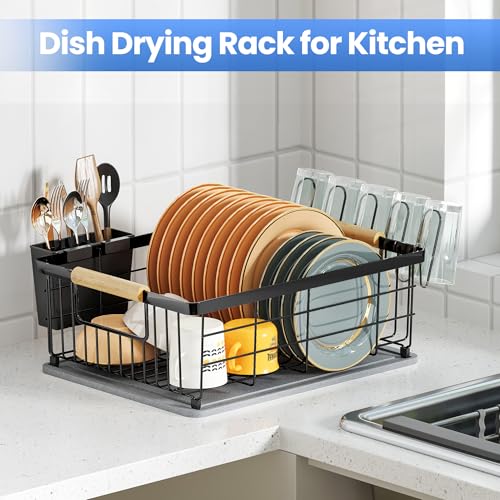 Dish Drying Rack Black with Diatomaceous Earth 1 Tier,Multifunctional Dish Racks for Kitchen Counter Quick-Drying,Large Capacity Space Saving with Cutlery Cups Holder - color: Black, size: 1 Tier