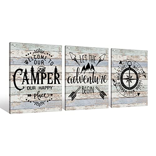 Welcome To Our Camper Let The Adventure Begin Camping Canvas Wall Art Prints Artwork Signs Framed for Campsite Porch Wall Decor Home Room RV Decor, 11X14 inch Set Of 3,Campers Camping Lovers Gifts - color: Welcom to Camper 3