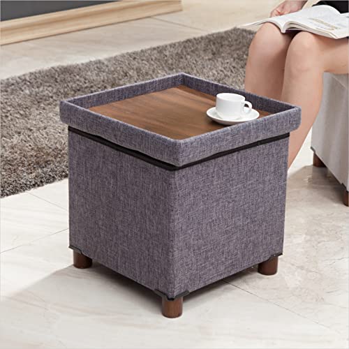 15 Inch Storage Ottoman with Wooden Legs - Cube Foot Rest Stool, Square Footstool, Comfortable Seat with Lid, Foldable Fabric Ottoman, Space-Saving Grey - color: Squ Grey
