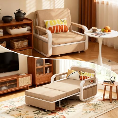 42.5" Pull Out Sofa Bed, 3 in 1 Convertible Sleeper Sofa, Single Loveseat Couch Bed with Storage, Trundle and 2 Pillows for Living Room, Bedroom, Dorm, Office, RV (Saddle Tan) - size: 40"- Single