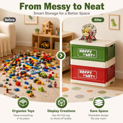 21L 22 Qt Folding Storage Box with Large Building Block Lid, Collapsible Toy Organizer Compatible with Duplo Blocks, Push Pull Storage Bin with Quiet Wheels(2pc-red+green) - color: Red+Green