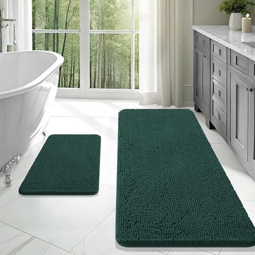 OLANLY Bathroom Rugs Sets 2 Piece, Soft Absorbent Chenille Bath Mats Set, Non-Slip, Quick Dry, Machine Washable Bath Mats for Bathroom, Home Decor Accessories (47"x20"+24"x16", Blackish Green) - color: Blackish Green, size: 47" X 20" + 24" X 16"