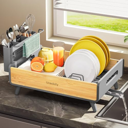 Urackify Dish Drying Rack for Kitchen Counter - Stainless Steel & Bamboo Dish Rack with Large Removable Utensil Holder, Dish Drainer with Adjustable Automatic Spout, Grey - color: Gray, size: 1 Tier