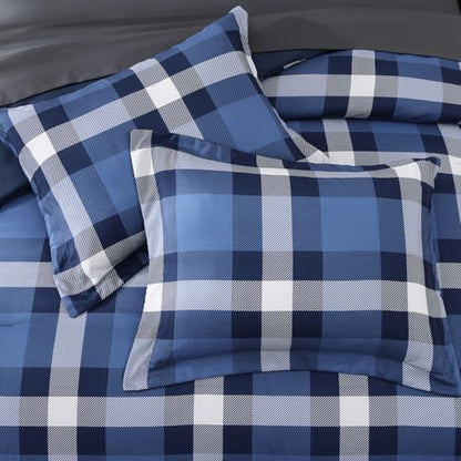 MaiRêve Queen Size Plaid Comforter Set Indigo Blue, Classic Checkered 7 Pieces Farmhouse Bedding Set, All Season Lightweight Bed in A Bag with Sheets, Pillowcases & Shams - color: Indigo Blue, size: Queen