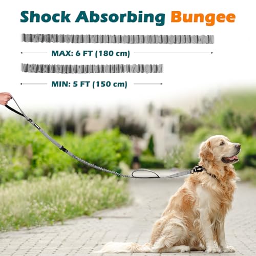 PetBonus Heavy Duty Tactical Dog Leash, 5 FT Bungee Shock Absorption Leash with 2 Padded Handles, Quick Release Metal Clip, Car Seatbelt, No Pull Training Lead for Large Medium Dogs（Grey） - color: Grey