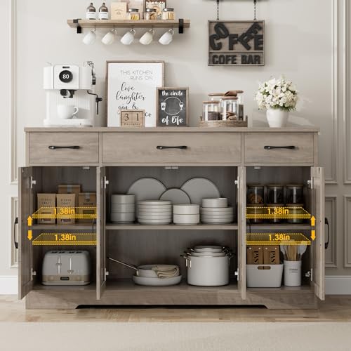 HOSTACK Buffet Sideboard Cabinet with Drawers, 55" Large Buffet Storage Cabinet with Shelves and Doors, Modern Farmhouse Coffee Bar Station for Kitchen, Dining Room, Ash Grey - color: Ash Grey