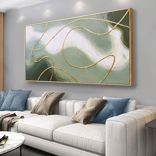 Framed Abstract Wall Art Room Decor Aesthetic Green White and Gold Lines Boho Canvas Wall Decor Artwork Modern Home Wall Decor for Living Room Bedroom Office Decor 24"x48" - color: Green, size: 48"L x 24"W