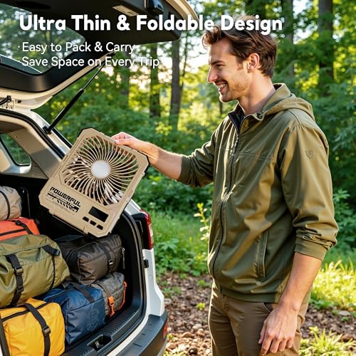 Portable Fan, Camping Fan, 20000mAh 6-Inch 18-85H Rechargeable Ultra Thin Foldable with Built-in Power Bank, LED Light, Remote Control, Hook for Outdoor Camping Tent RV Travel (Khaki) - color: Khaki