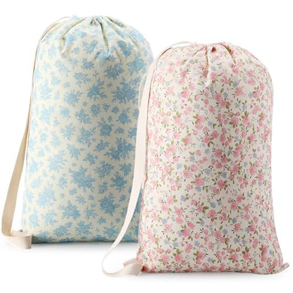 SATINIOR 2 Pcs Floral Laundry Bags 29" x 18" Pink Blue Canvas Travel Laundry Bags with Drawstring Shoulder Straps Washable Dirty Clothes Hamper Organizer for College Dorm Laundromat Apartment Camping - style: Floral