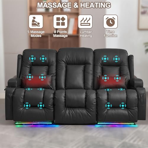 TUNYI Power Loveseat Recliner Sofa with Massage & Heat Home Theater Seating with Console RV Recliner Loveseat Sofa with USB/Storage/Side Pocket/LED Light/Speaker (Black, 3 Seat) - color: Black, size: 3 Seat