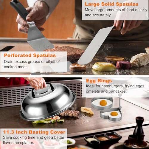Grilljoy 38pcs Professional Griddle Accessories Kit for Blackstone, with Smash Burger Press, Extra Thick Grill Spatula, Turner, Flipper - Flat Top Grill Tools Kit for Outdoor BBQ Teppanyaki