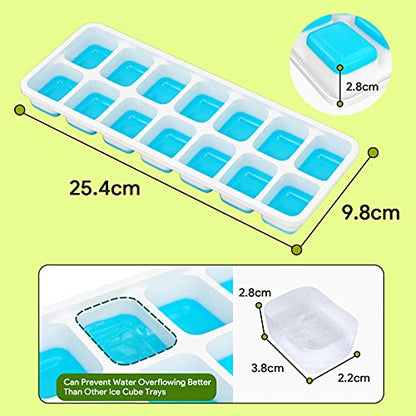 Ice Cube Trays 4 Pack, Airabc Silicone with Removable Lid, Easy-Release Flexible 14-cube Trays, LFGB Certified and BPA Free, Stackable Covers for Cocktail, Freezer - color: Blue+green