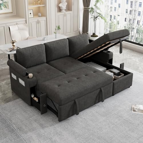83.5" L-Shaped Foldable Sofa Couch, Modern Chenille Pull Out Couch with UAB, Convertible Love Seat Sofa Bed with Adjustable Back and Pillow for Living Room, RV, Small Spaces (Black, 83.5") | Modern Chenille - color: Black, size: 83.5"