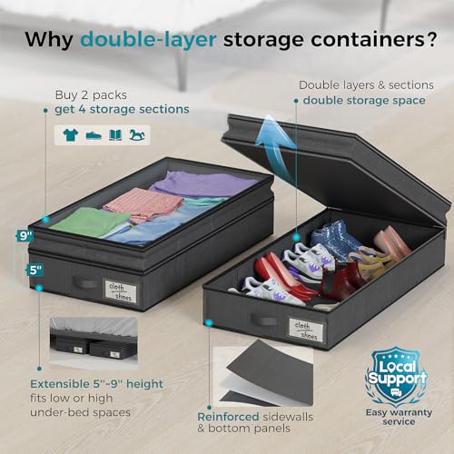 【4 compartments】2 Pack Under Bed Storage, Double Layer Extensible Underbed Storage Containers,Dust-free Clothes Storage Bins with Sturdy Sidewalls/Bottom,PVC Clear Window for Shoes Storage Organizer