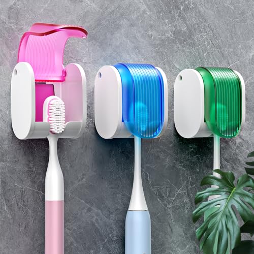 Toothbrush Holders for Bathrooms【Upgrade Single Slot Design】 Toothbrush Holder Wall Mounted with Cover Moisture-Proof and Dust-Proof Toothbrush Storage Organizer for Shower Family and Travel 3PCS - color: 3pcs-pbg