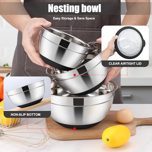 E-far Mixing Bowls with Lids Set, 15PCS Stainless Steel Mixing Nesting Bowl with Colander & 3 Metal Grater for Kitchen Prep/Baking/Storage, Non-Slip Bottom & Airtight Lid, 4.6, 3, 1.5, 1, 0.7QT, Black - color: Black