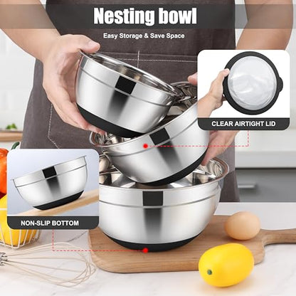 E-far Mixing Bowls with Lids Set, 15PCS Stainless Steel Mixing Nesting Bowl with Colander & 3 Metal Grater for Kitchen Prep/Baking/Storage, Non-Slip Bottom & Airtight Lid, 4.6, 3, 1.5, 1, 0.7QT, Black - color: Black