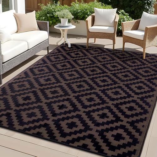 OLANLY Waterproof Outdoor Rug 6x9 ft, Outdoor Plastic Straw Rug for Camping, RV Mat Outside, Outdoor Carpet for Porch, Deck, Backyard, Balcony, Picnic, Black & Brown - color: Black & Brown, size: 6' X 9' (Rectangular)