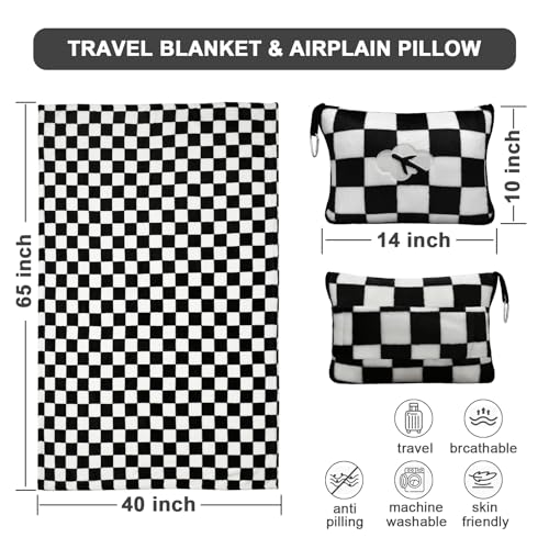 Travel Blanket and Pillow Compact, Premium Soft 2 in 1 Airplane Blanket with Soft Bag Pillowcase，Hand Luggage Sleeve and Backpack Clip (Checkered Black) - color: Checkered Black
