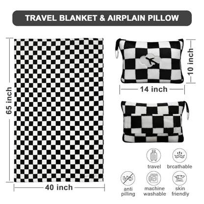 Travel Blanket and Pillow Compact, Premium Soft 2 in 1 Airplane Blanket with Soft Bag Pillowcase，Hand Luggage Sleeve and Backpack Clip (Checkered Black) - color: Checkered Black