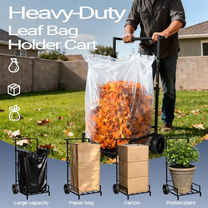 2-in-1 Leaf Bag Holder Cart & Hand Truck Dolly, Heavy Duty Garden Trash Bag Stand with 7" All-Terrain Wheels, 200lbs Capacity, Anti-Loss Clips & Utility Basket for Yard Work, Moving, Camping