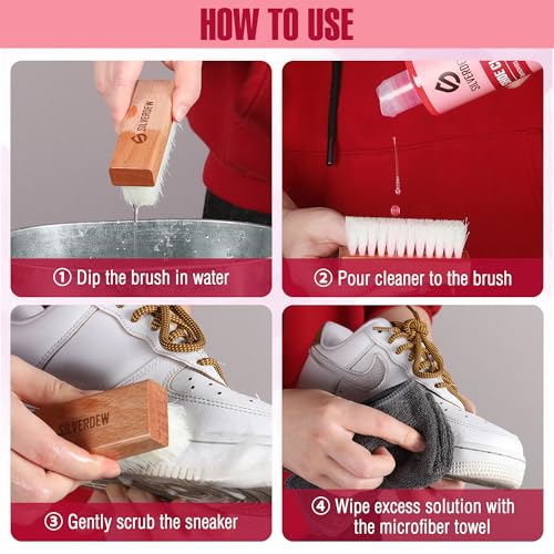 4PCS Shoe Cleaning Kit, Shoe Cleaner 8oz *2 Bottles, Sneaker Cleaner, Nylon Brushes & Microfiber Towel for Leather, Canvas, Mesh, Rubber & Synthetic Materials, Pink