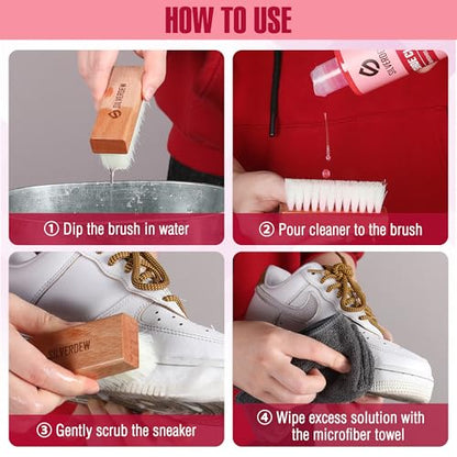 4PCS Shoe Cleaning Kit, Shoe Cleaner 8oz *2 Bottles, Sneaker Cleaner, Nylon Brushes & Microfiber Towel for Leather, Canvas, Mesh, Rubber & Synthetic Materials, Pink