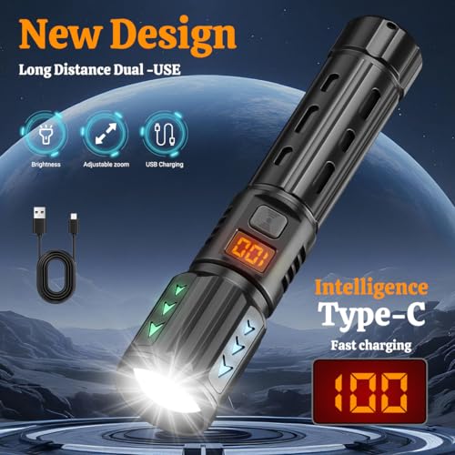 Rechargeable Flashlights with Side Light & Digital Power Display, Bright LED Flashlight with Warning Lights, 5 Modes & Waterproof for Emergency, Camping, Hiking and Home (Black - 2PCS) - color: Black - 2PCS