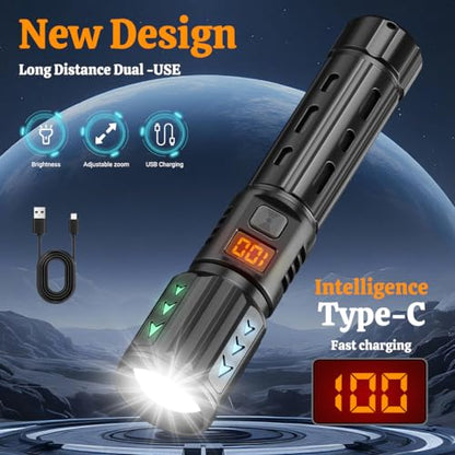 Rechargeable Flashlights with Side Light & Digital Power Display, Bright LED Flashlight with Warning Lights, 5 Modes & Waterproof for Emergency, Camping, Hiking and Home (Black - 2PCS) - color: Black - 2PCS