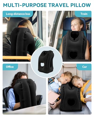 Inflatable Travel Pillow, Airplane Neck Pillow Comfortably Supports Head and Chin for Airplanes, Trains, Cars Office Napping on The Tray Table (Black) - color: Black(standard)