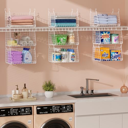 3-Tier Hanging Laundry Basket Organizer：Foldable Wire Shelf Laundry Room Organizer with 360°Rotating Hooks Small Space Solutions Closet Hanging Organizer - Laundry Organization, White Patent - color: White, size: 3-Pack 13.7*11*29.72inch