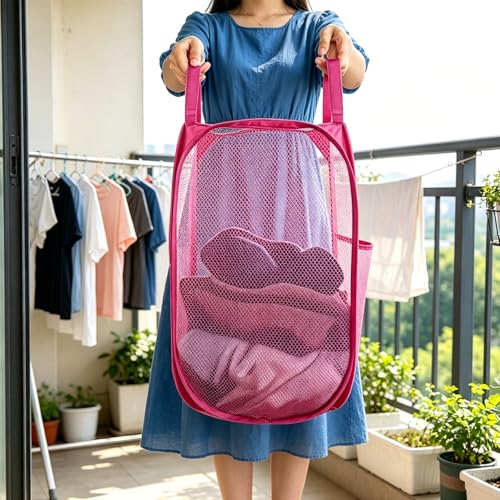 Larpur Popup Laundry Basket, Collapsible Portable Mesh Clothes Washing Laundry Hamper with Reinforced Carry Handles (Pink) - color: Pink