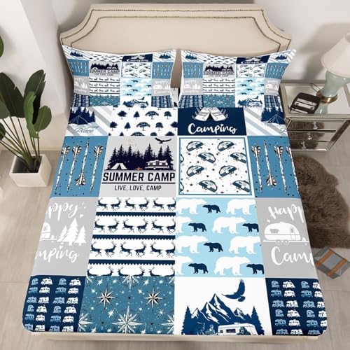 Happy Camping Fitted Sheet Queen Size for Boys Kids Teens, Camper Bedding Set, Rustic Farmhouse Style Fitted Bed Sheets, Sketch Drawing Camper Bedding, Camping Car Sheet with Deep Pocket, Blue - color: Multi 0218, size: Queen (No Top/Flat Sheet)