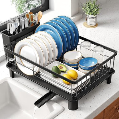 SNTD Dish Drying Rack - Small Dish Rack for Kitchen Counter, Stainless Steel Dish Drainer with Utensil Holder and Drainboard, 12.9" W x 16.9" L (Black) - color: Black, size: 12.9" W x 16.9" L