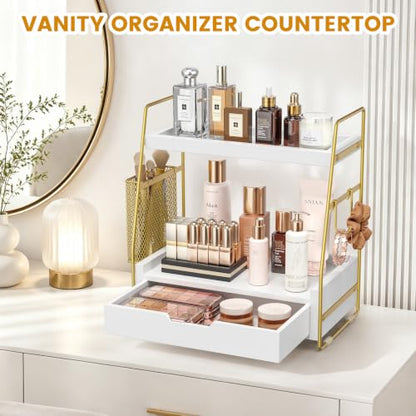 2-Tier Bathroom Counter Organizer with Drawer and Basket, Wood Vanity Countertop Storage for Perfume, Makeup, Skincare, Bathroom Counter Shelf, 13" x 7.9" x 14.5", White Gold - color: White Gold