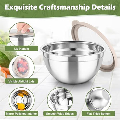 TeamFar Mixing Bowls, 3PCS Stainless Steel Serving Salad Bowls with Lids & 3 Graters, For Kitchen Mixing/Baking/Storing/Prepping, Visible & Airtight, Easy Clean - 4.5/3 / 1.5 QT, Khaki - color: Khaki, style: Transparent Airtight Lids