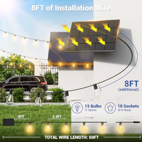 50FT Solar String Lights Outdoor Waterproof, 18+1 LED Solar Powered Lights with Remote Control, 3 Light Modes & Dimmable, USB-C Charging for Patio, Backyard, Garden, Camping - size: 50FT+Remote