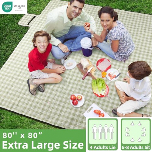 ZAZE Extra Large Picnic Outdoor Blanket, 80''x80'' Waterproof Foldable Blankets Gingham Picnic Mat for Beach, Camping Grass Lawn Park Accessories Cute Couple Gifts Ideas Wedding Registry(Green White) - color: Green and White